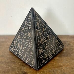Vintage Black Soapstone Pyramid Paperweight | Carved Egyptian Hieroglyphics